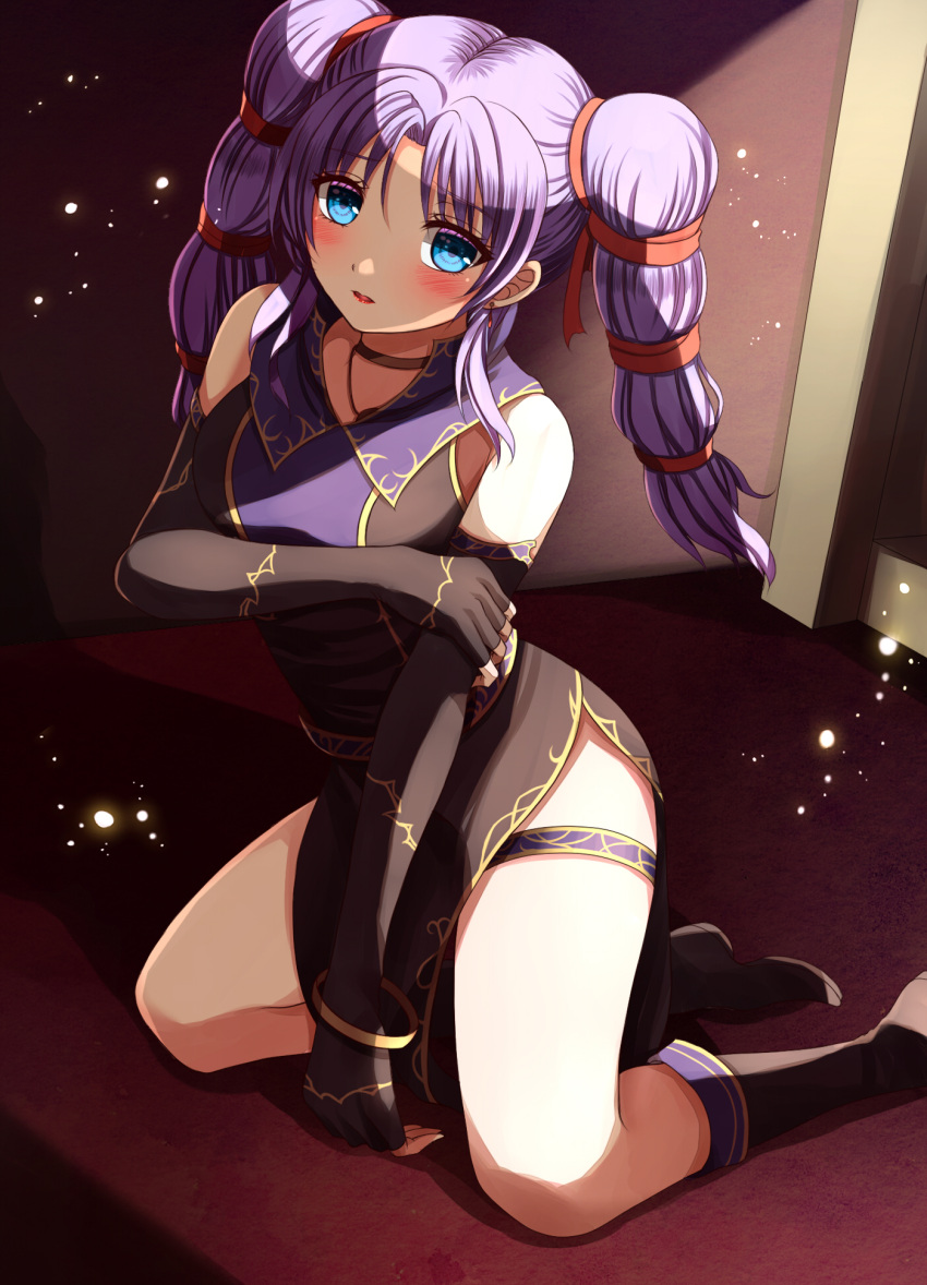 black_dress blue_eyes blush boots dress elbow_gloves female fire_emblem fire_emblem:_genealogy_of_the_holy_war gloves highres jewelry kneeling light_particles looking_at_viewer md5_mismatch necktie purple_hair resolution_mismatch source_smaller thigh_strap thighs tine_(fire_emblem) yozu_(yozu0420)