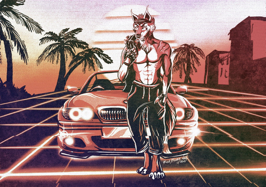 2018 80's_theme anthro bandana bmw bmw_330ci canid canine canis car chromatic_aberration clothed clothing gloves grid handwear kerchief looking_at_viewer lupinemoonfeather male mammal outside palm_tree partially_clothed plant red_baron_(lupinemoonfeather) red_theme retro scar solo standing synthwave topless tree vehicle warm_colors wolf