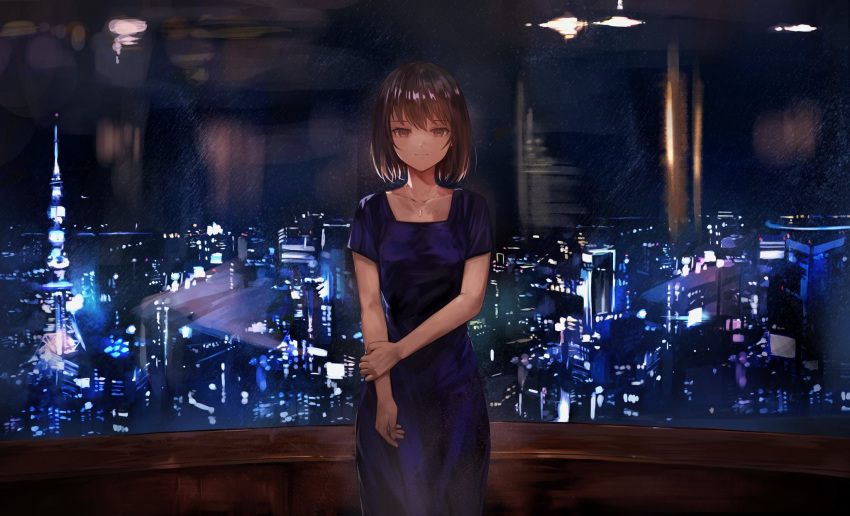 black_hair blue_dress breasts city_lights cityscape closed_mouth collarbone commentary_request dress female highres holding_own_arm indoors jewelry kyota07 looking_at_viewer medium_breasts necklace night night_sky original purple_eyes scenery short_hair short_sleeves sidelocks sky smile solo standing star_(sky) starry_sky tower window