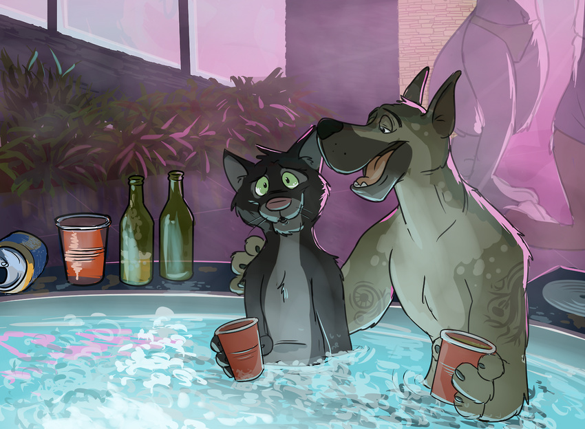 2017 alcohol anthro beverage canid canine canis container cup detailed_background domestic_cat domestic_dog duo felid feline felis great_dane holding_container holding_cup holding_object male male/male mammal mastiff molosser open_mouth paintfox swimming_pool water