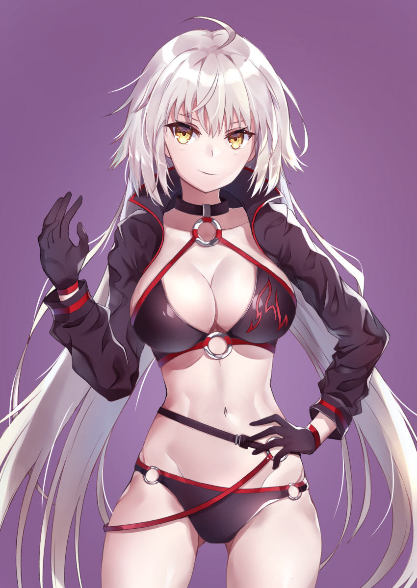 absurdres ahoge atora bad_id bad_pixiv_id belt bikini black_bikini black_choker black_gloves black_jacket blush breasts choker closed_mouth collarbone commentary_request cropped_jacket fate/grand_order fate_(series) female gloves hand_on_own_hip highres hip_focus jacket jeanne_d'arc_alter_(fate) jeanne_d'arc_alter_(swimsuit_berserker)_(fate) large_breasts long_hair looking_at_viewer navel o-ring o-ring_bikini pale_skin partial_commentary purple_background simple_background smile solo swimsuit thighs very_long_hair white_hair yellow_eyes