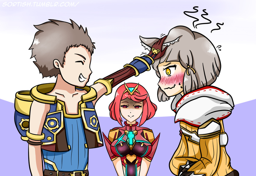 1boy 2girls ^_^ blush breasts empty_eyes happy highres homura_(xenoblade_2) jealous multiple_girls niyah petting rex_(xenoblade_2) shaded_face smile wavy_mouth xenoblade xenoblade_2 yandere