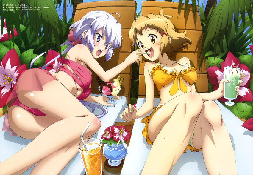 2girls ass bikini drink ice_cream megami ookubo_yoshiyuki scan senki_zesshou_symphogear swimsuit tachibana_hibiki yukine_chris