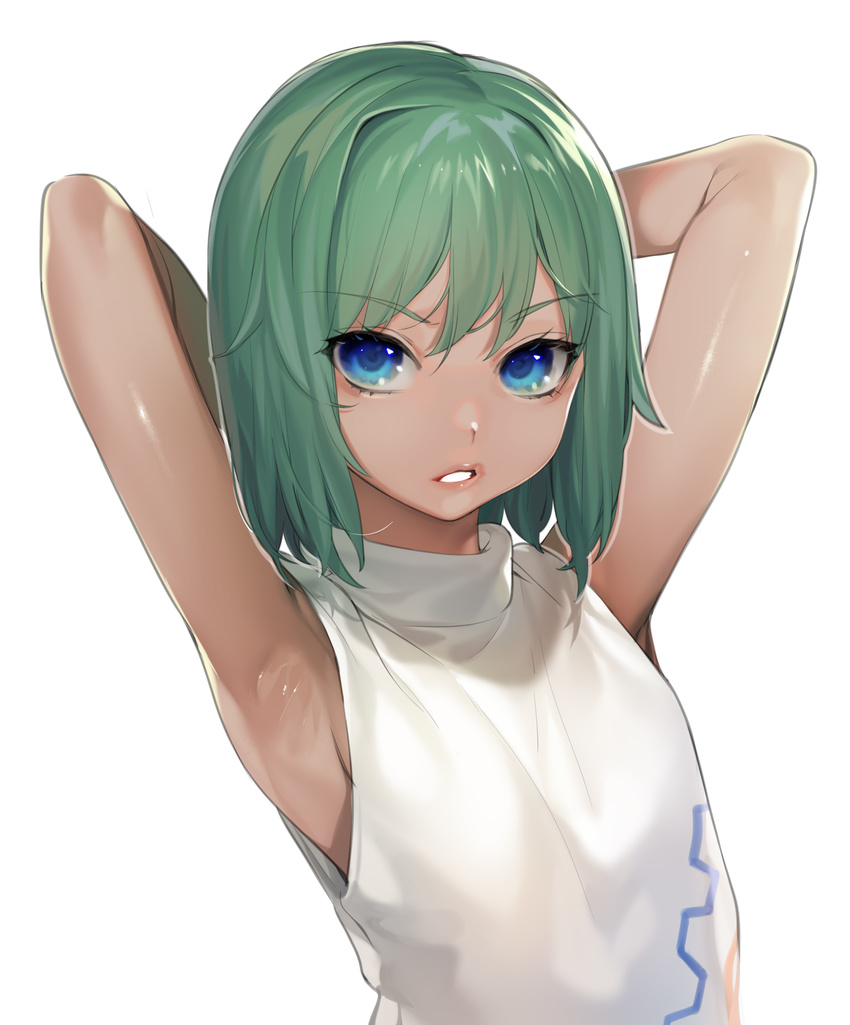 1boy absurdres armpits arms_behind_head arms_up bad_id bad_pixiv_id bare_arms bare_shoulders blue_eyes dark-skinned_male dark_skin dragon_shadow_spell green_hair highres jefforty_tote looking_at_viewer male_focus ohisashiburi otoko_no_ko parted_lips short_hair simple_background sleeveless solo teeth upper_body white_background