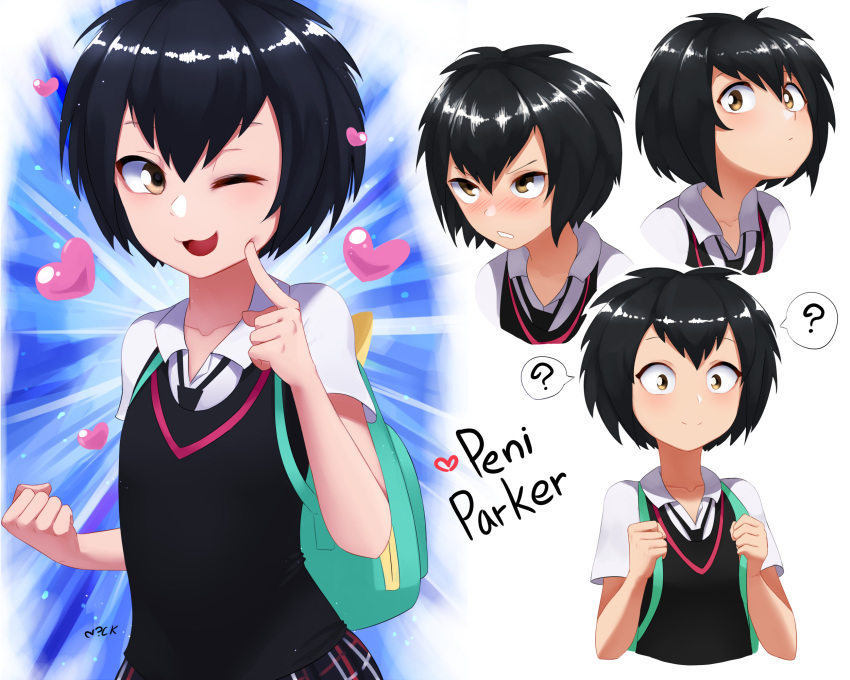 :3 ? backpack bag black_hair black_necktie black_vest blush brown_eyes character_name cheek_poking clenched_hand commentary female heart highres holding_strap looking_at_viewer marvel multiple_views necktie nyxkz one_eye_closed peni_parker poking poking_self shirt short_hair short_sleeves smile spider-man:_into_the_spider-verse spider-man_(series) spider-verse spoken_question_mark upper_body v-shaped_eyebrows vest white_shirt