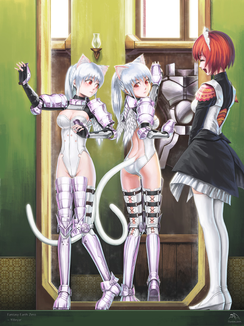 2girls absurdres animal_ears armor ass breasts cat_ears cat_tail character_request cleavage commentary darkmuleth english_commentary extra_ears fantasy_earth fantasy_earth_zero fingerless_gloves gloves highres long_hair maid medium_breasts mirror multiple_girls photoshop_(medium) ponytail red_eyes red_hair reflection short_hair tail thighhighs warrior_(fantasy_earth) warrior_(vesta_armor)_(fantasy_earth_zero) white_hair wings