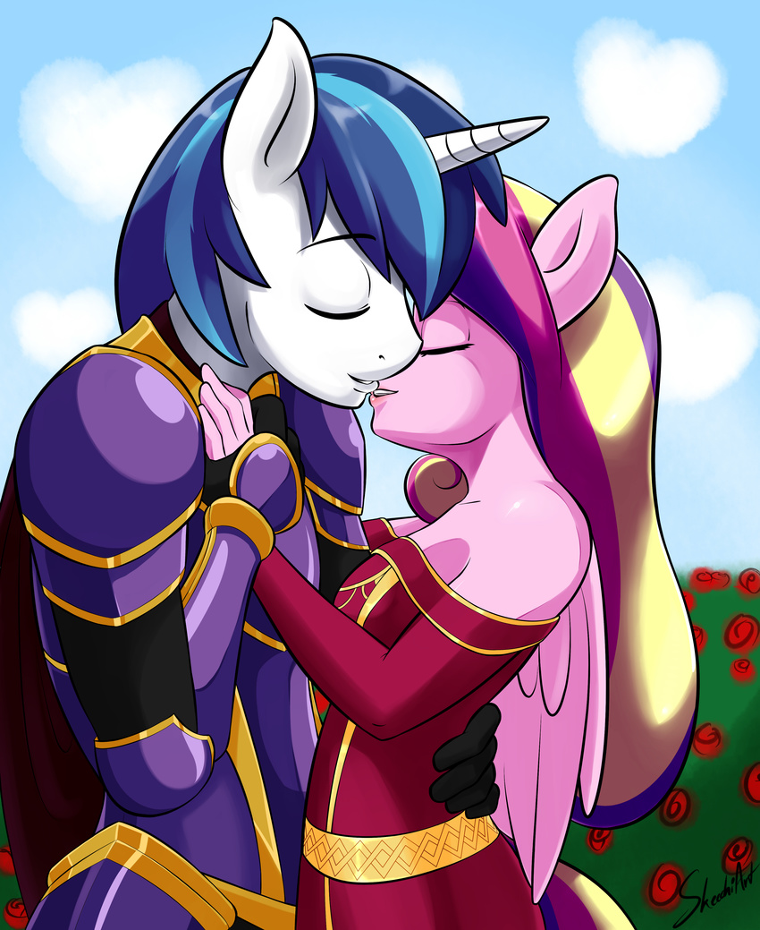 2015 absurd_res alicorn anthro anthrofied armor blue_hair breasts cape close_(disambiguation) closed_eyes clothing cloud dress duo equid equine feathered_wings feathers female flower friendship_is_magic hair hand_holding hasbro heart_symbol hi_res horn hug husband_and_wife intraspecies male male/female mammal married_couple multicolored_hair my_little_pony mythological_creature mythological_equine mythology outside plant princess_cadance_(mlp) romantic romantic_ambiance romantic_couple rose_(flower) shining_armor_(mlp) shrub skecchiart sky unicorn wings