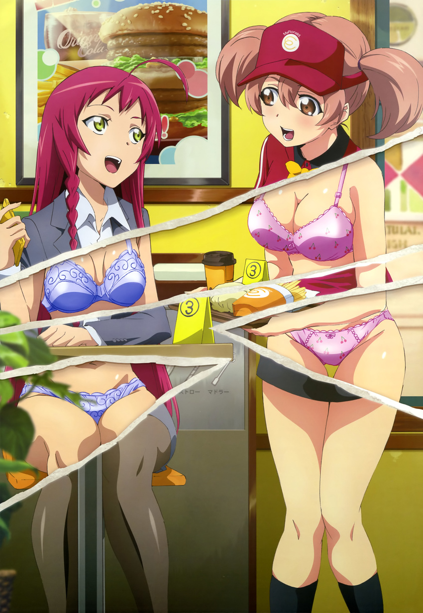 2girls :d absurdres ahoge blue_bra blue_panties bow bow_panties bra braid brand_name_imitation breasts brown_eyes brown_hair burger cellphone cherry_bra cherry_panties cherry_print cleavage employee_uniform fast_food_uniform food food_print formal french_fries green_eyes hat hataraku_maou-sama! highres imageboard_desourced lingerie long_hair medium_breasts multiple_girls non-web_source nyantype official_art open_mouth page_tear panties pantyhose phone pink_bow pink_bra pink_panties print_bra print_panties red_hair revealing_layer sasaki_chiho scan side_braid smile socks suit tamura_masafumi thigh_gap twintails underwear uniform visor_cap yusa_emi