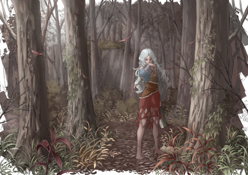 arm_at_side bare_legs bare_shoulders barefoot blood commentary_request day detached_sleeves dress dripping female forest full_body grey_hair hand_to_own_mouth hand_up holding long_hair looking_at_viewer multicolored_clothes multicolored_dress nagi_(xx001122) nata_(tool) nature outdoors red_eyes sakata_nemuno single_strap solo standing touhou tree wavy_hair