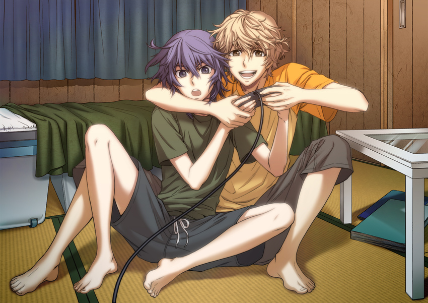 2boys arm_around_neck barefoot bed blonde_hair blue_eyes blue_hair commentary_request full_body highres koide_natsuno male_focus multiple_boys mutou_tooru photoshop_(medium) playing_games saho shiki_(novel) shorts yellow_eyes