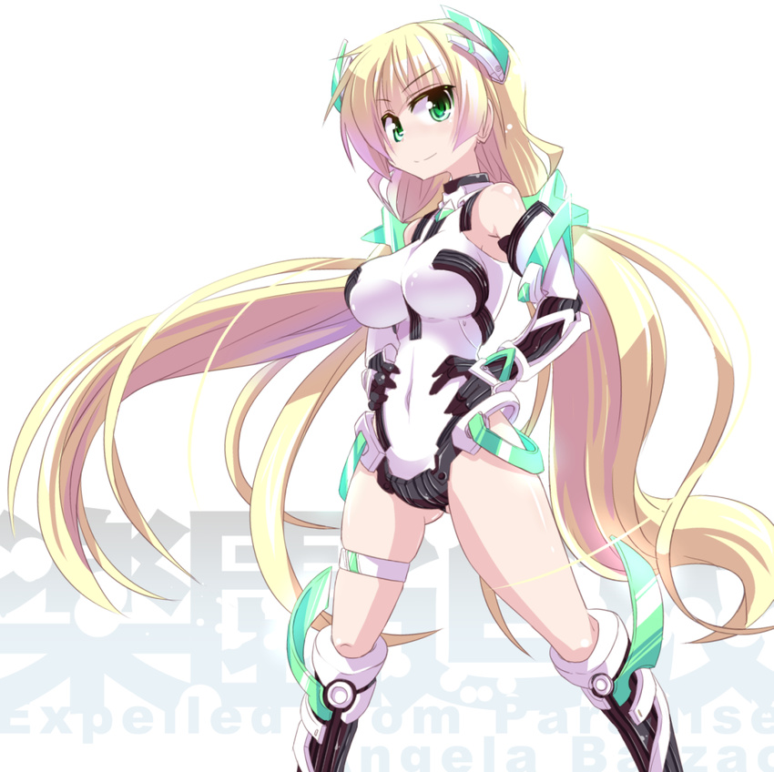 angela_balzac blonde_hair breasts commentary_request female green_eyes hands_on_own_hips headgear highres kazekawa_nagi large_breasts leotard long_hair looking_at_viewer low_twintails rakuen_tsuihou smile solo twintails very_long_hair