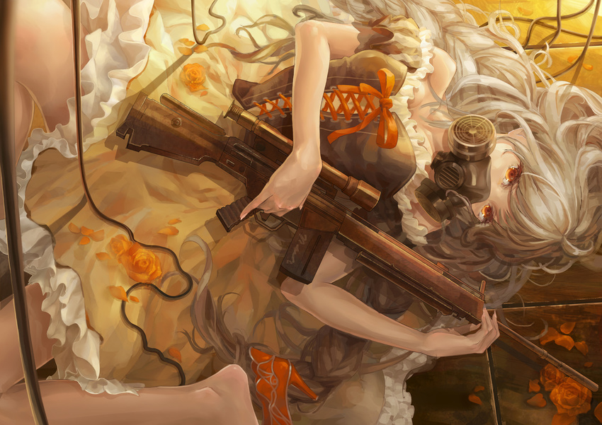 barefoot brown_eyes commentary_request cross-laced_clothes female flower gas_mask gun h&k_msg90 highres holding long_hair lying mask on_back original petals photoshop_(medium) piyotama red_flower red_rose rifle rose silver_hair skirt sniper_rifle solo weapon