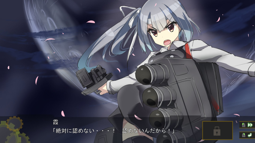 commentary dress fake_screenshot female grey_hair gun hair_ribbon highres kantai_collection kasumi_(kancolle) kasumi_kai_ni_(kancolle) long_hair long_sleeves machine_gun one-hour_drawing_challenge open_mouth pinafore_dress ribbon rigging shirt side_ponytail single_thighhigh sleeveless sleeveless_dress solo srw_battle_screen super_robot_wars tenrai thighhighs translated user_interface weapon white_shirt yellow_eyes