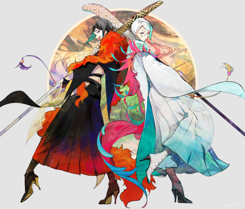 2boys back-to-back backless_outfit black_footwear black_hair blue_hair boots commentary_request crop_top ezu_(e104mjd) fabulous fangs feather_boa full_body grey_background hakama hakama_skirt high_heel_boots high_heels japanese_clothes long_hair looking_at_viewer makeup male_focus midriff monocle multiple_boys naginata oerba_yun_fang polearm red_eyes red_nails shizukagata_naginata side_slit simple_background skirt smile standing standing_on_one_leg symmetrical_pose tassel tomoegata_naginata touken_ranbu weapon white_footwear white_hair wide_sleeves