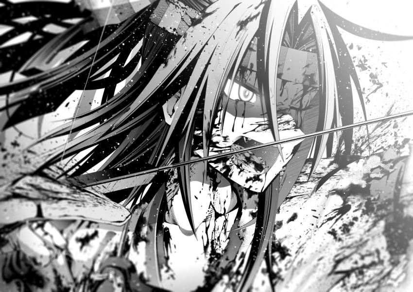 akane_harurou arrow_(projectile) backlighting blood blood_on_clothes blood_on_face bow_(weapon) commentary_request determined drawing_bow female gloves glowing glowing_eye greyscale hachimaki hair_ribbon headband holding holding_bow_(weapon) holding_weapon japanese_clothes kantai_collection looking_to_the_side monochrome oerba_yun_fang one_eye_closed open_mouth partially_fingerless_gloves ponytail portrait ribbon shaded_face sharp_teeth simple_background solo teeth torn_clothes weapon yugake zuihou_(kancolle)