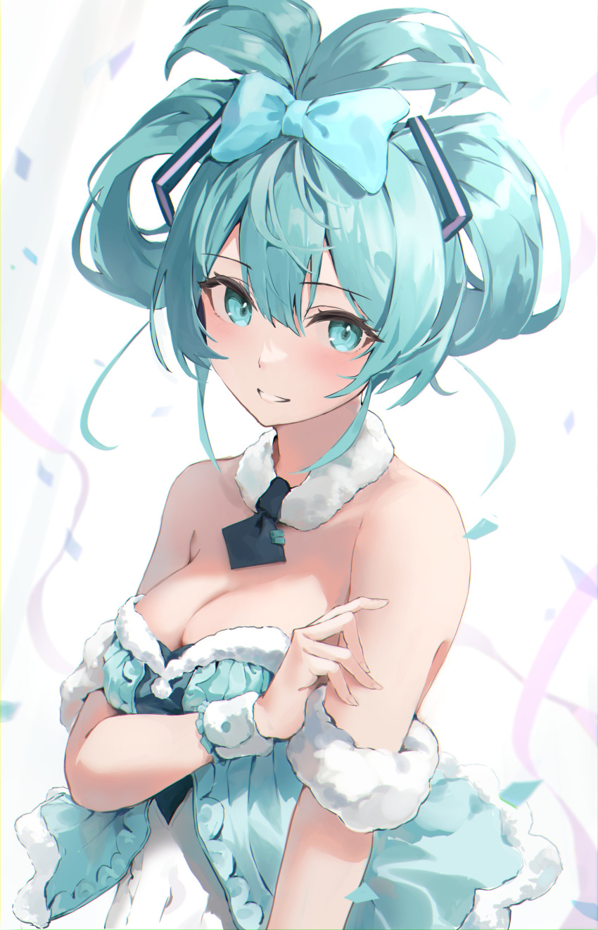 absurdres aqua_bow aqua_eyes aqua_hair bare_shoulders bicute_bunnies_miku blush bow breasts cinnamiku_hairstyle cleavage commentary covered_navel detached_collar female folded_twintails fur_collar grin hair_between_eyes hairbow hatsune_miku highres kerorin_works looking_at_viewer medium_breasts necktie parted_lips sanrio self_borrowed_hairstyle short_necktie smile solo teeth updo upper_body vocaloid