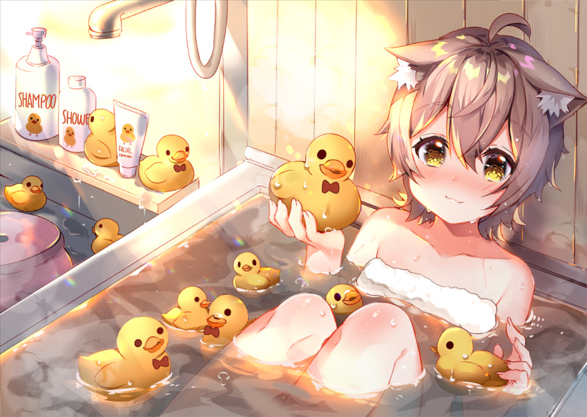 ahoge animal_ear_fluff animal_ears annin_miru bare_shoulders bath bath_stool bathing bathtub blush brown_eyes brown_hair closed_mouth collarbone commentary_request female hair_between_eyes hands_up holding knees_up looking_at_viewer naked_towel nose_blush partially_submerged rubber_duck shampoo_bottle short_hair sitting smile solo stool towel usagihime virtual_youtuber yahoo!