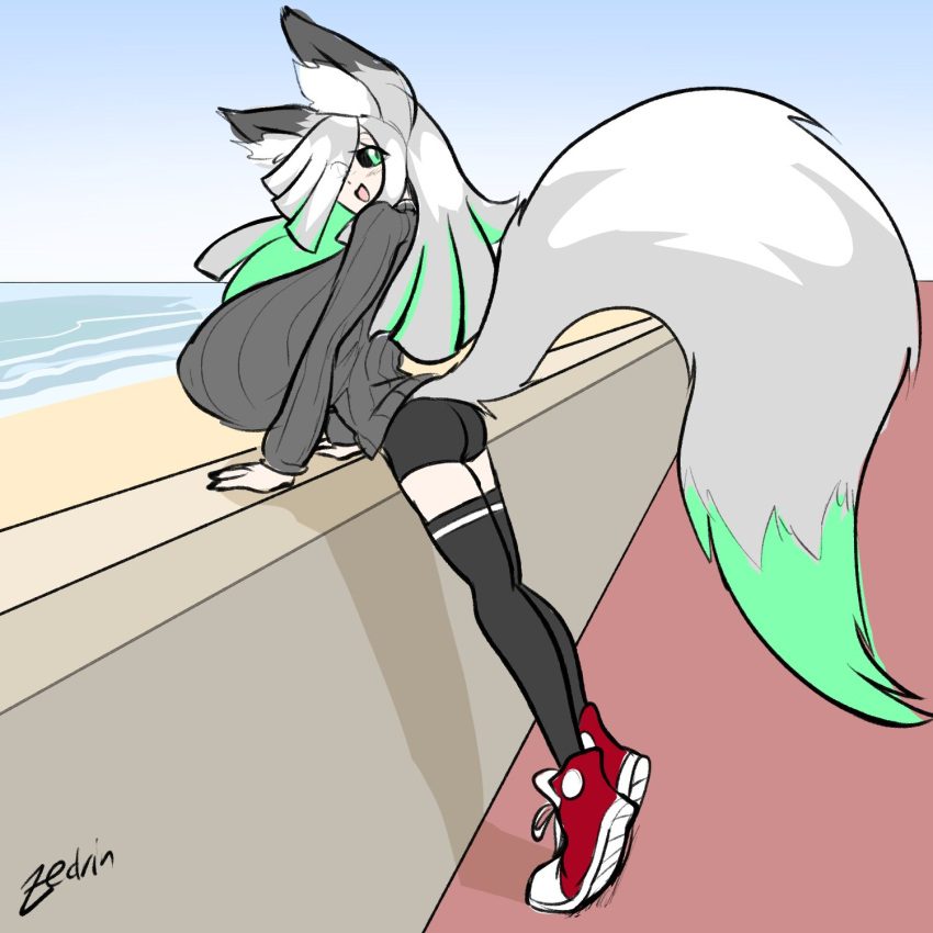 1:1 animal_humanoid ass beach big_breasts black_sclera bottomwear breasts canid canid_humanoid canine canine_humanoid clothing female footwear fox_humanoid fuyumi_(zedrin) green_eyes green_hair grey_hair hair hi_res huge_breasts humanoid hyper hyper_breasts looking_back mammal mammal_humanoid multicolored_hair one_eye_obstructed open_mouth sand seaside shadow shirt shoes shorts signature smile solo tail text topwear water zedrin