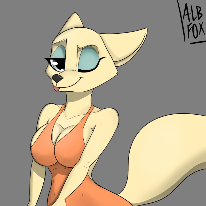 1:1 albinefox anthro big_breasts black_nose blue_eyes breasts canid canine eyeshadow female fox fur hi_res makeup mammal one_eye_closed simple_background solo white_body white_fur wink