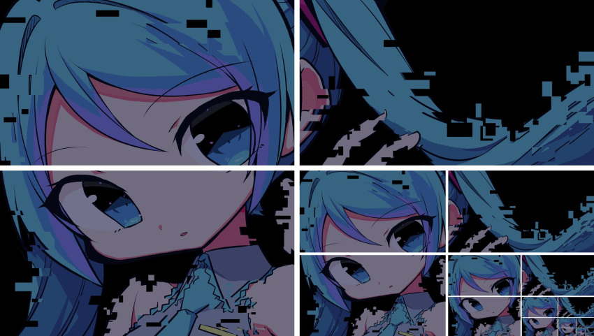 aqua_eyes aqua_hair aqua_necktie bare_shoulders black_background detached_sleeves digital_dissolve female glitch grey_shirt hair_ornament hand_up hatsune_miku highres kasaki_sakura long_hair looking_at_viewer necktie parted_lips recursion shirt sleeveless sleeveless_shirt solo twintails upper_body very_long_hair vocaloid