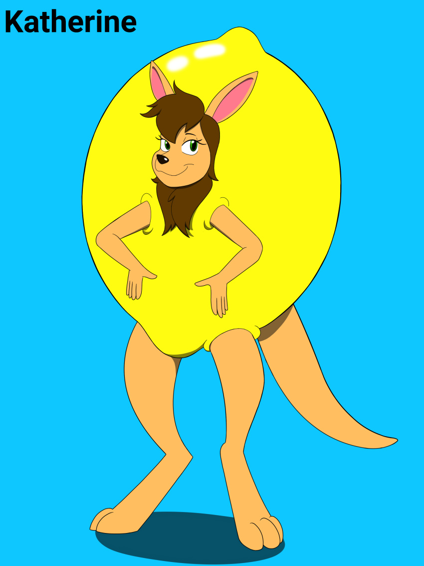 3:4 absurd_res anthro clothing costume female food food_costume fruit grilled hi_res kangaroo katherine lemon lemon_costume looking_at_viewer macropod mammal marsupial penmark plant simple_background solo standing