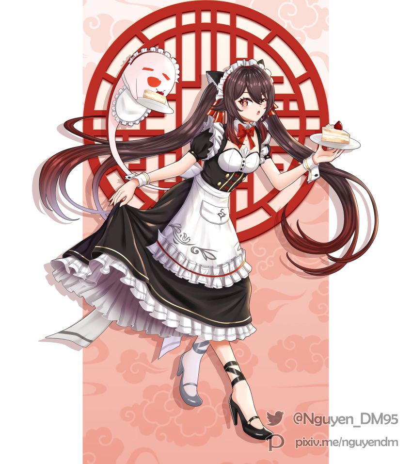 absurdres alternate_costume apron black_dress black_footwear black_hair boo_tao_(genshin_impact) cake commentary detached_collar dm_(nguyen_dm95) dress enmaided female food full_body genshin_impact ghost hair_between_eyes high_heels highres holding hu_tao_(genshin_impact) long_hair looking_at_viewer maid maid_apron maid_headdress one_eye_closed orange_eyes parted_lips plate sidelocks skirt_hold strawberry_shortcake symbol-shaped_pupils twintails waist_apron white_apron wrist_cuffs