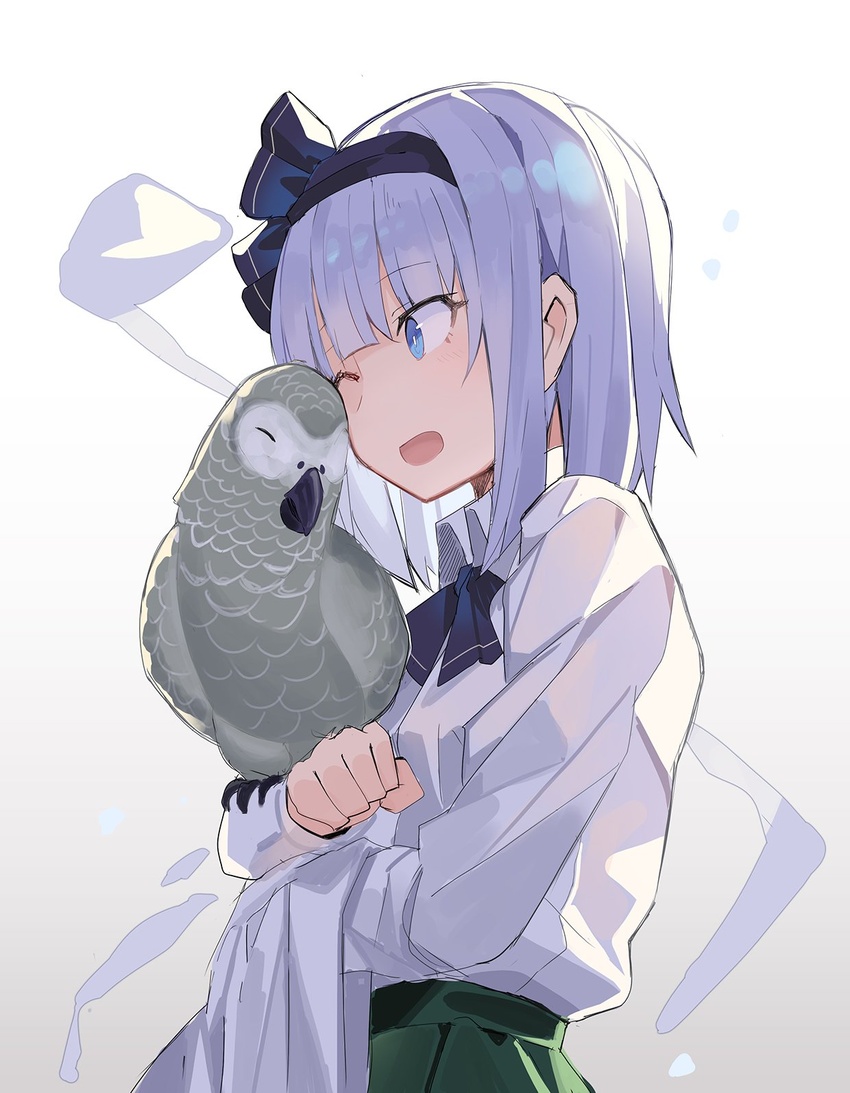 adapted_costume african_grey_parrot animal_on_arm bird bird_on_arm black_hairband black_ribbon blue_eyes blunt_bangs bob_cut cheek_press collared_shirt commentary falken_(yutozin) female from_side gradient_background green_skirt grey_background hair_ribbon hairband highres hitodama konpaku_youmu konpaku_youmu_(ghost) long_sleeves looking_at_animal looking_to_the_side name_connection neck_ribbon no_vest object_namesake one_eye_closed open_mouth parrot pun ribbon shirt short_hair sidelighting sideways_glance skirt solo touhou upper_body white_background white_hair white_shirt wing_collar