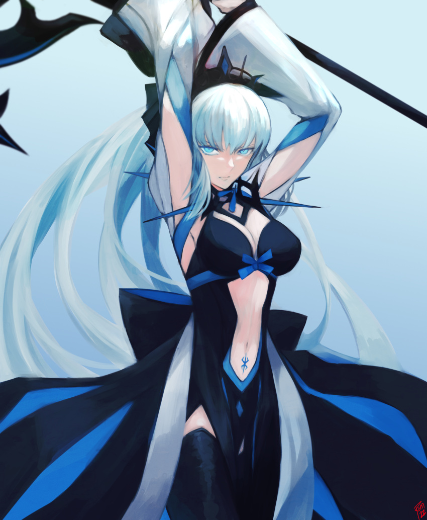 armpits arms_up black_bow black_dress blue_eyes bow breasts cleavage dress fate/grand_order fate_(series) female grey_hair hairbow highres large_breasts long_hair long_sleeves looking_at_viewer moedredd morgan_le_fay_(fate) ponytail sidelocks solo staff stomach_tattoo tattoo two-tone_dress very_long_hair white_dress wide_sleeves