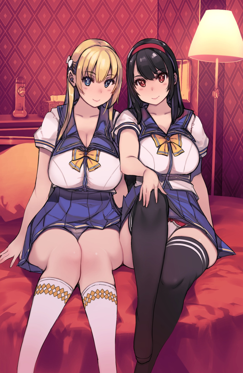 2girls black_hair black_legwear blonde_hair blue_eyes blue_pupils blue_sailor_collar blue_skirt bow bowtie breasts bright_pupils closed_mouth hairband hand_on_own_knee high-waist_skirt highres indoors knee_up kneehighs long_hair looking_at_viewer lotion_bottle mariana_princilla mil_(xration) miniskirt multiple_girls on_bed panties pantyshot pleated_skirt reco_love reco_love_gold_beach red_background red_eyes red_hairband red_pupils sailor_collar school_uniform serafuku shirt shoulder-to-shoulder sitting skirt smile socks take_your_pick thighhighs tissue_box underwear upskirt white_shirt white_socks yellow_bow yellow_bowtie yuina_(reco_love)