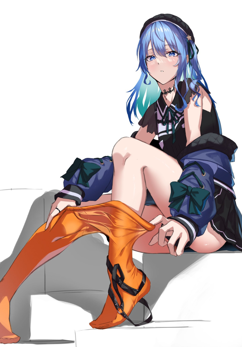 beret blue_eyes blue_hair female hat highres hololive hoshimachi_suisei hoshimachi_suisei_(casual) jacket jacket_partially_removed legs long_hair official_alternate_costume one_side_up orange_pantyhose osechi_(pixiv56606477) pantyhose parted_lips removing_legwear sitting skirt solo virtual_youtuber white_background