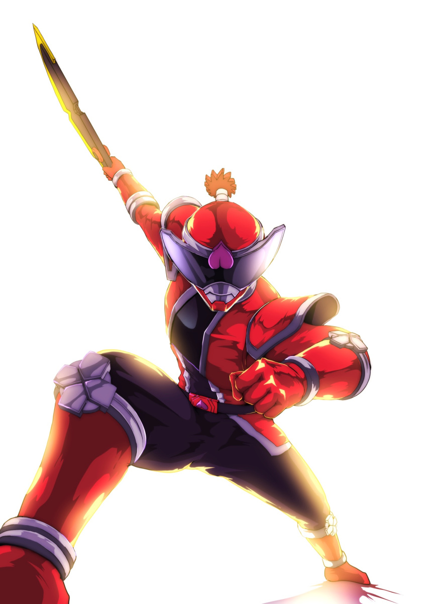 1boy animification avataro_sentai_donbrothers belt black_belt clenched_hand donmomotarou gloves helmet highres holding holding_sword holding_weapon looking_at_viewer male_focus red_gloves shadow solo super_sentai sword tihiro tokusatsu weapon white_background