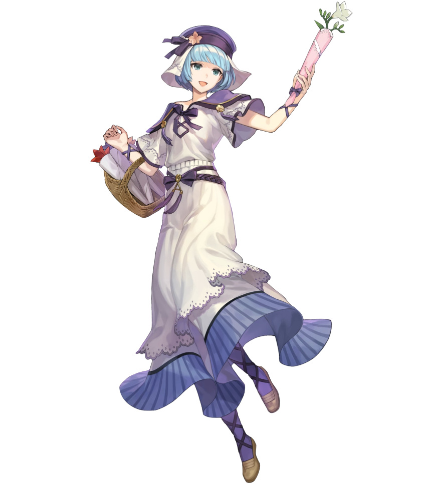 basket belt blue_eyes blue_hair bouquet bow bowtie breasts dress female fire_emblem fire_emblem_echoes:_shadows_of_valentia fire_emblem_heroes flower full_body hakou_(barasensou) highres holding layered_dress long_dress looking_away medium_breasts official_art open_mouth purple_legwear shoes short_hair short_sleeves silque_(fire_emblem) silque_(valentine)_(fire_emblem) smile solo striped transparent_background vertical_stripes