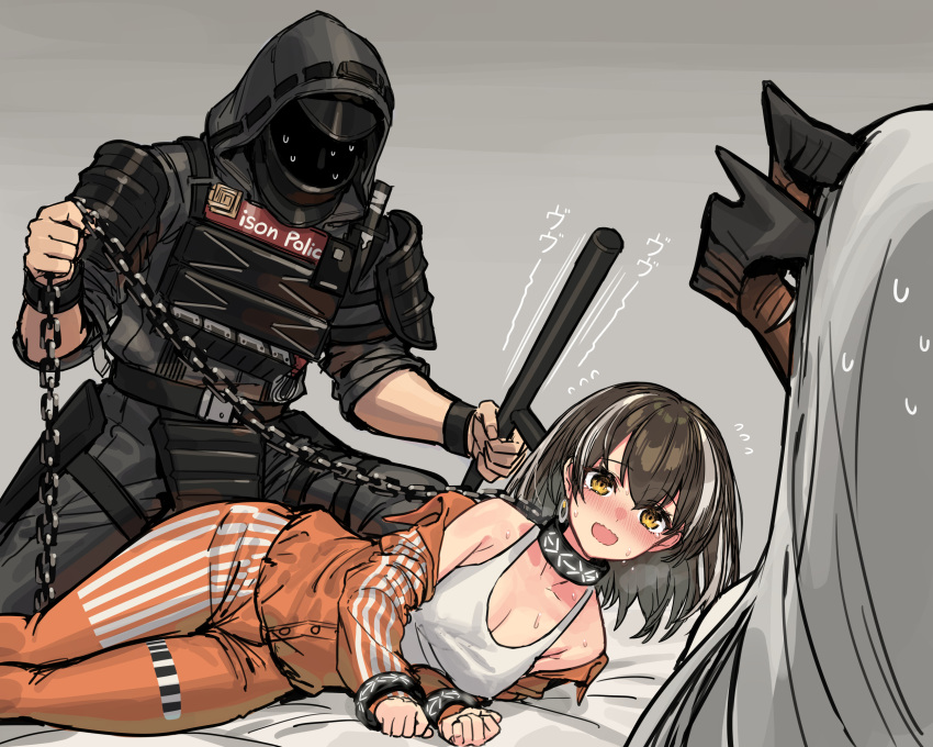 1boy 2girls alternate_costume arknights bare_shoulders baton_(weapon) belt blush bondage breasts brown_hair bulletproof_vest caught chinese_commentary cleavage collarbone commentary_request doctor_(arknights) dragon_horns earrings flying_sweatdrops grey_background heavy_breathing highres holding holding_leash horns infection_monitor_(arknights) jacket jewelry leash long_sleeves looking_at_another lying magallan_(arknights) mask medium_breasts multicolored_hair multiple_girls nose_blush off_shoulder on_side open_mouth orange_jacket orange_pants pants prison_clothes role_play saria_(arknights) sigm@ simple_background sleeves_past_elbows squatting streaked_hair sweat sweatdrop tank_top two-tone_hair wavy_mouth weapon white_hair white_tank_top yellow_eyes