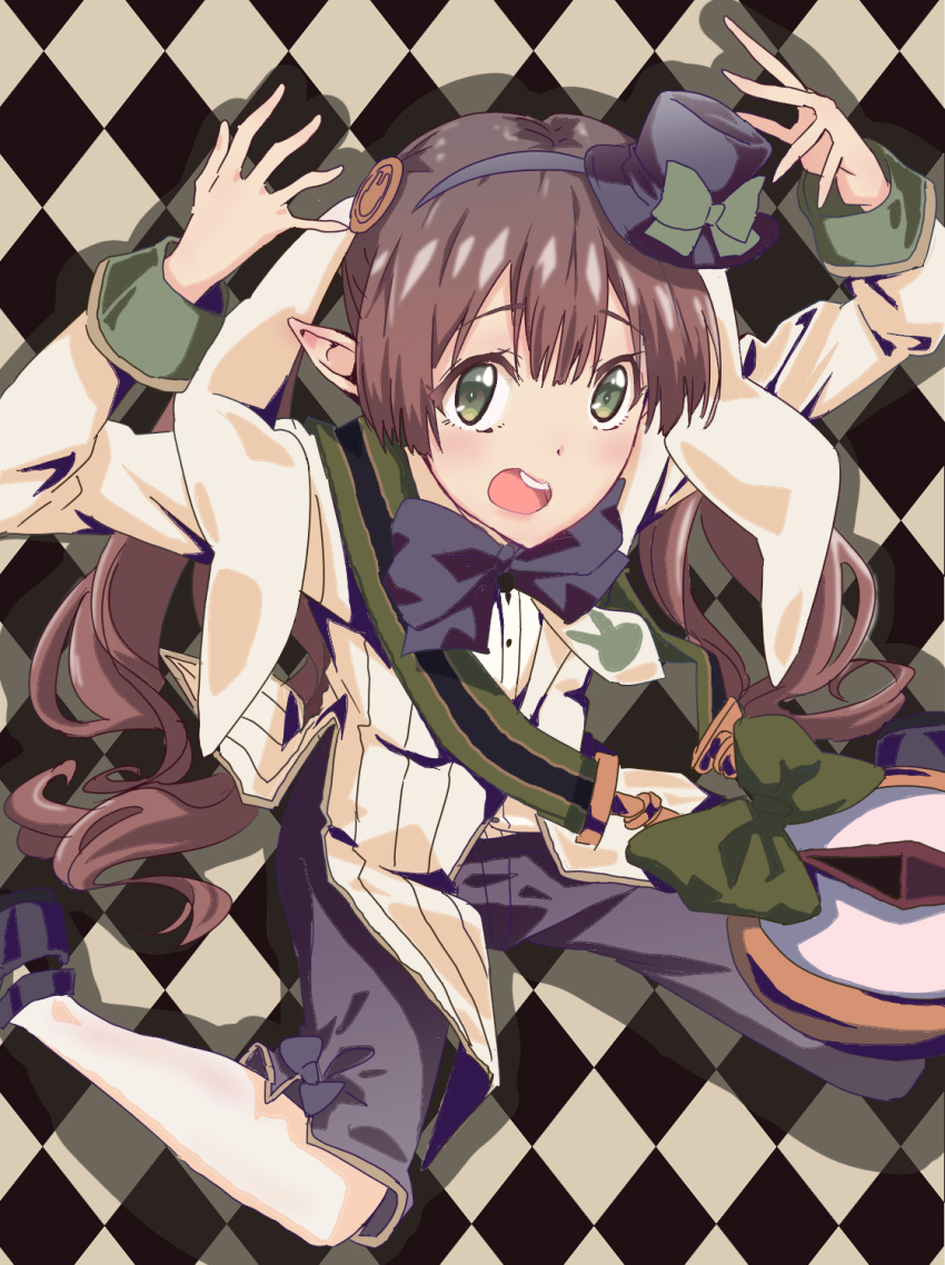 argyle_background arms_up ayumi_(princess_connect!) ayumi_(wonderland)_(princess_connect!) black_bow black_headwear blazer blush bow bowtie brown_hair drop_shadow elf female from_above green_bow green_eyes hair_between_eyes hair_ornament hairband hat hat_bow highres jacket long_hair long_sleeves looking_at_viewer looking_up low_twintails mini_hat mini_top_hat open_mouth pointy_ears princess_connect! seryu_oekaki sitting sleeve_cuffs smile solo tilted_headwear top_hat twintails white_jacket wide-eyed