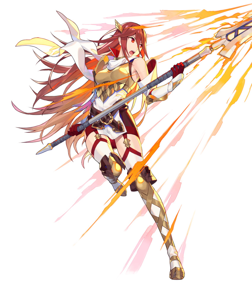 armor bare_shoulders belt boots breastplate cordelia_(fire_emblem) cordelia_(resplendent)_(fire_emblem) dress female fire_emblem fire_emblem_awakening fire_emblem_heroes full_body garter_straps gloves hair_ornament highres holding holding_weapon leg_up looking_away noy official_art open_mouth polearm red_eyes red_hair scarf short_dress shoulder_armor solo spear thigh_boots thighhighs transparent_background weapon white_scarf white_thighhighs zettai_ryouiki