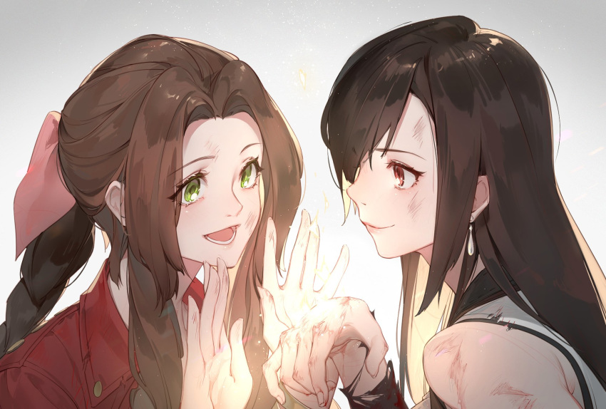 2girls aerith_gainsborough aura blood blood_on_clothes brown_hair bruise crow0cc earrings final_fantasy final_fantasy_vii fingernails green_eyes hair_ribbon healing highres injury jacket jewelry light md5_mismatch multiple_girls open_hands open_mouth parted_bangs pink_ribbon red_eyes red_jacket ribbon shirt sleeveless sleeveless_shirt smile tifa_lockhart torn_clothes white_shirt