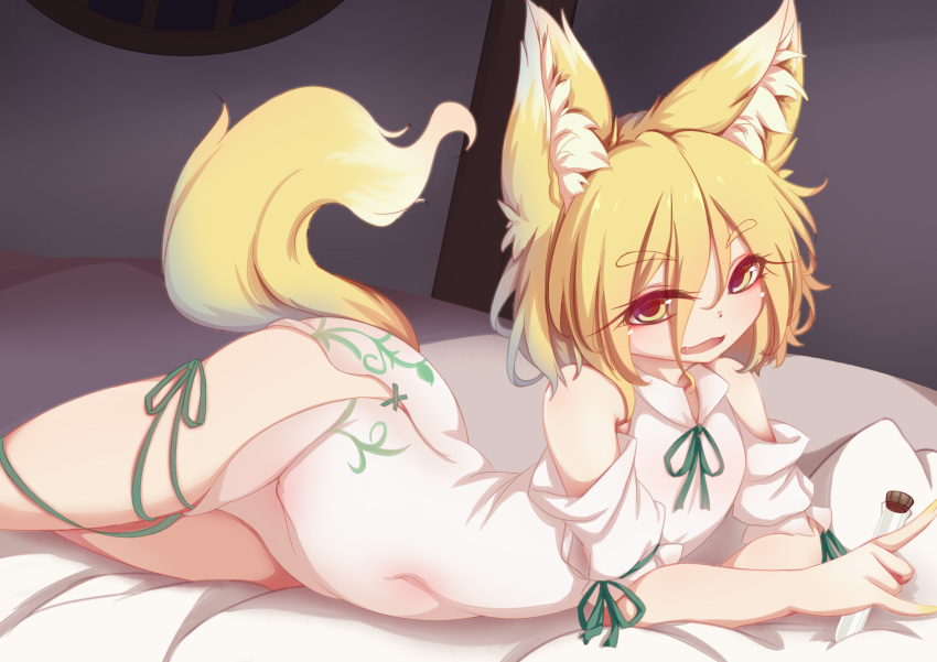 \n/ absurdres animal_ear_fluff animal_ears bad_id bad_pixiv_id bare_shoulders blonde_hair commentary dior-zi dress female fox_ears fox_girl fox_tail hair_between_eyes highres holding holding_test_tube kudamaki_tsukasa looking_at_viewer lying navel on_bed on_stomach open_mouth short_hair smile solo tail test_tube touhou yellow_eyes