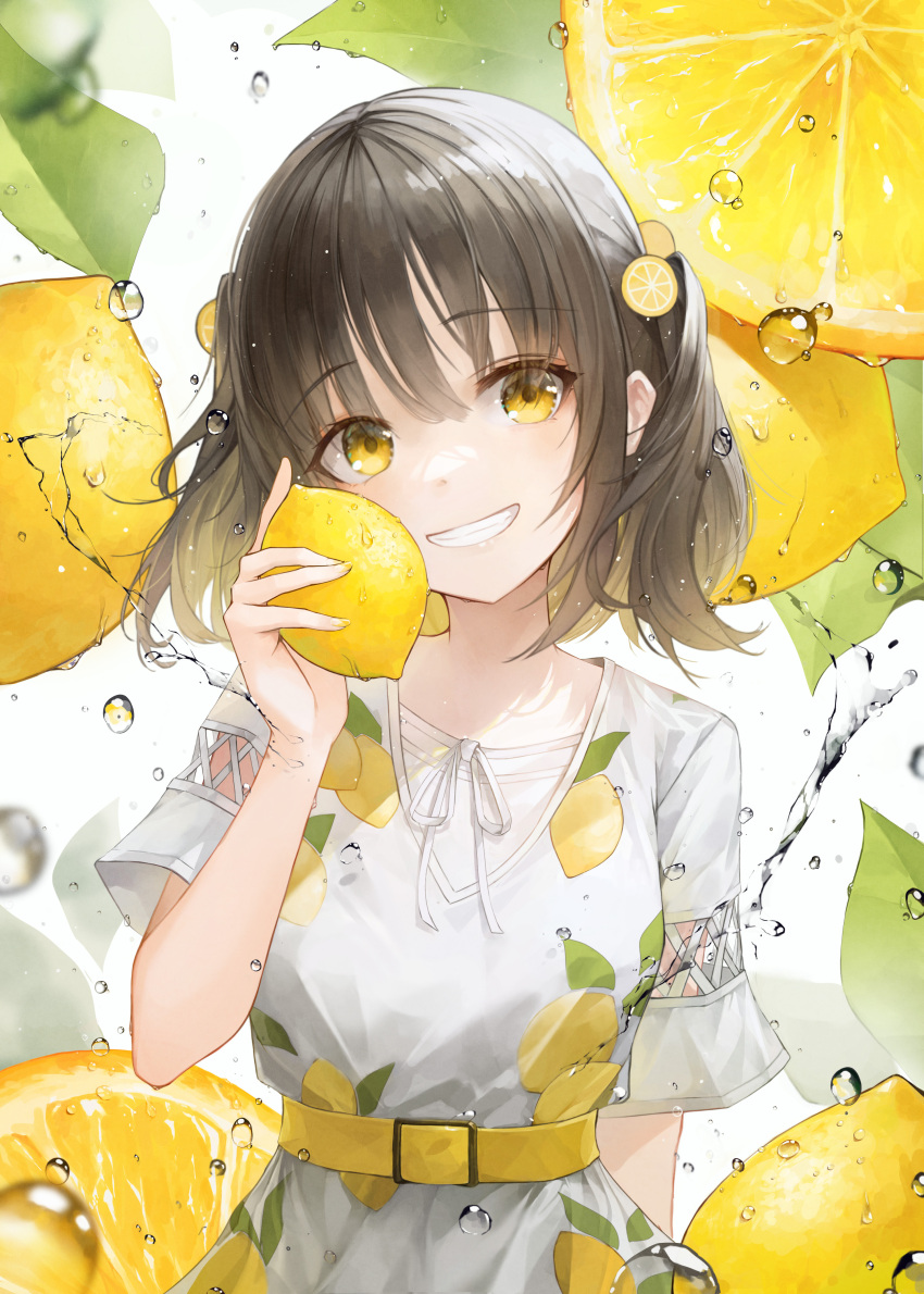 absurdres blush brown_hair commentary crystalherb dress female food food-themed_hair_ornament fruit grin hair_ornament hand_up head_tilt highres holding holding_food holding_fruit lemon lemon_hair_ornament lemon_print looking_at_viewer medium_hair open_mouth original short_sleeves smile solo symbol-only_commentary twintails water_drop white_dress yellow_eyes