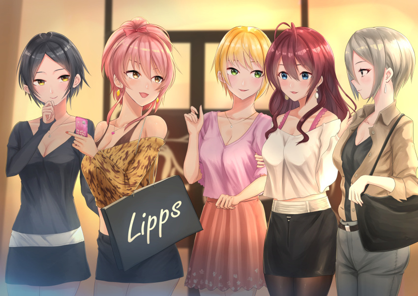 5girls :d arms_up bag belt black_eyes black_hair black_pantyhose black_skirt blonde_hair blue_eyes blue_shirt blush breasts cellphone cleavage collarbone commentary_request earrings floral_print green_eyes grey_hair grey_pants group_name hand_on_own_chin handbag hayami_kanade high_ponytail highres holding holding_phone ichinose_shiki idolmaster idolmaster_cinderella_girls jacket jewelry jougasaki_mika lipps_(idolmaster) long_sleeves medium_breasts miniskirt miyamoto_frederica multiple_girls nail_polish necklace off-shoulder_shirt off_shoulder open_clothes open_jacket open_mouth pants pantyhose parted_bangs phone pink_hair pink_shirt pink_skirt pleated_skirt red_hair shiomi_syuko shirt shopping_bag short_hair short_sleeves shougun_(chuckni1) sidelocks skirt sleeves_rolled_up smile v-neck white_shirt yellow_eyes