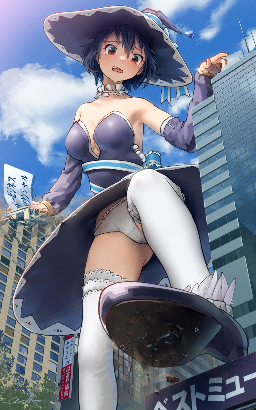 absurdres black_footwear black_hat blue_hair blue_sky breasts building city cloud commission day destruction detached_sleeves dress female from_below giant giantess hair_between_eyes hat highres magical_patissier_kosaki-chan medium_breasts nisekoi open_mouth outdoors panties pantyshot red_eyes shoes short_hair skeb_commission sky solo strapless strapless_dress tears thighhighs tsugumi_seishirou underwear upskirt welt_(kinsei_koutenkyoku) white_panties white_thighhighs witch_hat