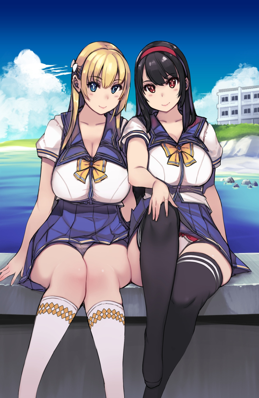 2girls black_hair black_legwear blonde_hair blue_eyes blue_pupils blue_sailor_collar blue_skirt blue_sky bow bowtie breasts bright_pupils closed_mouth day hairband hand_on_own_knee high-waist_skirt highres knee_up long_hair looking_at_viewer mariana_princilla mil_(xration) miniskirt multiple_girls ocean outdoors panties pantyshot pleated_skirt reco_love reco_love_gold_beach red_eyes red_hairband red_pupils sailor_collar school_uniform serafuku shirt shoulder-to-shoulder sitting skirt sky smile socks thighhighs underwear upskirt white_legwear white_shirt yellow_bow yellow_bowtie yuina_(reco_love)