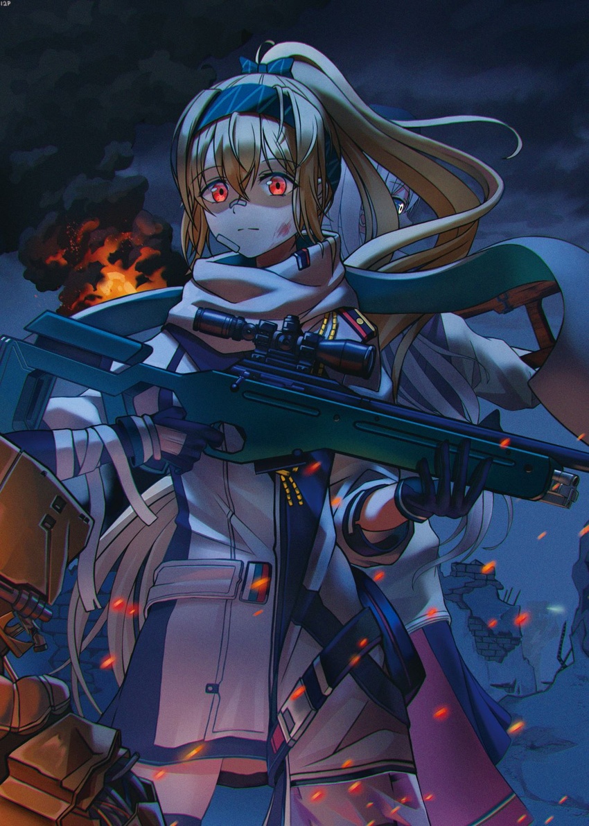 2girls back-to-back bandaid bandaid_on_face bandaid_on_nose blonde_hair bolt_action bow burning closed_mouth commentary cyclops_(girls'_frontline) dress girls'_frontline gloves glowing glowing_eyes gun hair_between_eyes hairbow headband highres holding holding_gun holding_weapon kcco_(girls'_frontline) long_hair multiple_girls night night_sky outdoors pal_lett ponytail red_eyes rifle russian_flag scarf scope sidelocks sky sniper_rifle sv-98 sv-98_(girls'_frontline) sv-98_(mod3)_(girls'_frontline) svd_(girls'_frontline) weapon white_hair white_scarf yellow_eyes