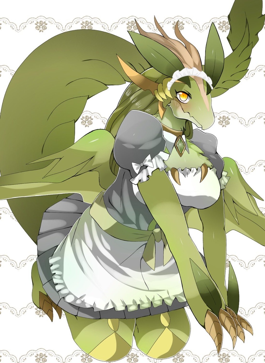 animal_feet animal_hands apron bad_id bad_twitter_id black_dress blush breasts brooch claws closed_mouth colored_skin commentary_request cosplay dragon_girl dragon_tail dragon_wings dragonmaid_lorpar dress duel_monster female frilled_apron frills full_body furry furry_female gem green_gemstone green_hair green_skin green_wings highres jewelry kneeling large_breasts long_hair looking_at_viewer maid maid_headdress medium_breasts orange_eyes own_hands_together parlor_dragonmaid parlor_dragonmaid_(cosplay) puffy_short_sleeves puffy_sleeves ryuuichirou_(dragonryuusuki) sash short_dress short_sleeves solo tail v_arms waist_apron white_apron white_background wings yu-gi-oh!