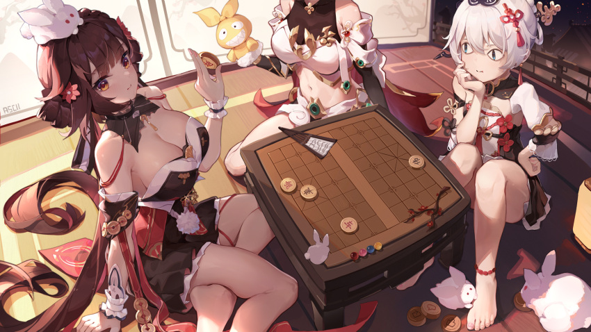 <|>_<|> 3girls animal_on_head asc11 bare_shoulders barefoot black_dress black_shirt board_game boobplate breasts brown_hair cleavage crop_top dated_commentary detached_collar detached_sleeves double_bun dress gold_trim hair_bun hand_up highres holding homu_(honkai_impact) honkai_(series) honkai_impact_3rd kiana_kaslana kiana_kaslana_(herrscher_of_flamescion) large_breasts li_sushang li_sushang_(jade_knight) long_hair looking_at_viewer midriff multiple_girls navel official_alternate_costume on_head orange_eyes pout shirt short_dress sitting sleeveless sleeveless_shirt snow_rabbit stomach strapless strapless_dress theresa_apocalypse thighs very_long_hair white_hair xiangqi yokozuwari zhuge_kongming_(honkai_impact)