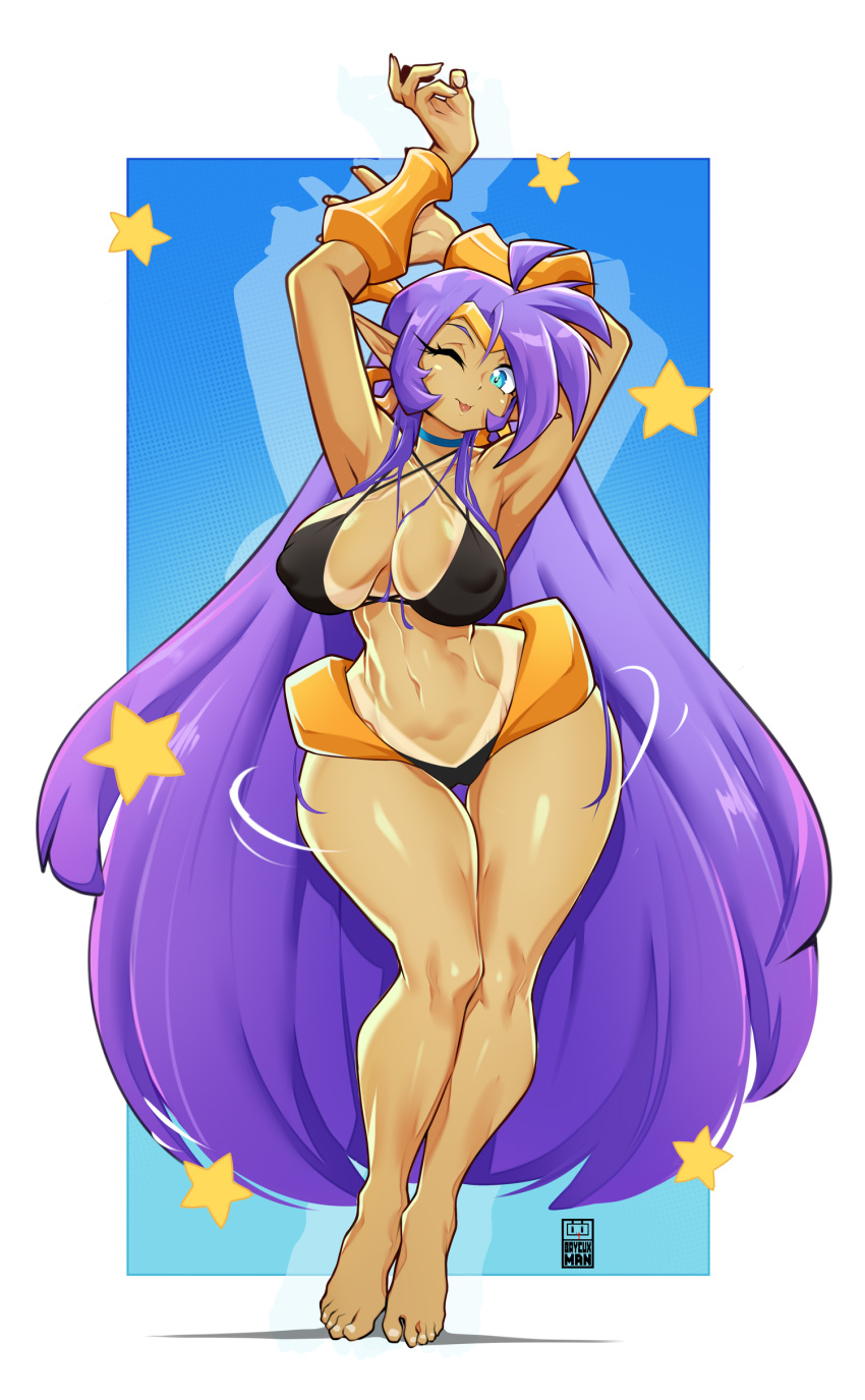 absurdres armpits arms_up bare_legs barefoot bayeuxman belly_dancing bikini black_bikini blue_eyes bracer breasts cameltoe covered_nipples dancing dark-skinned_female dark_skin full_body hair_down highres large_breasts long_hair one_eye_closed pointy_ears purple_hair shantae shantae_(series) swimsuit tan tanlines thigh_gap thighs toned tongue tongue_out very_long_hair wide_hips