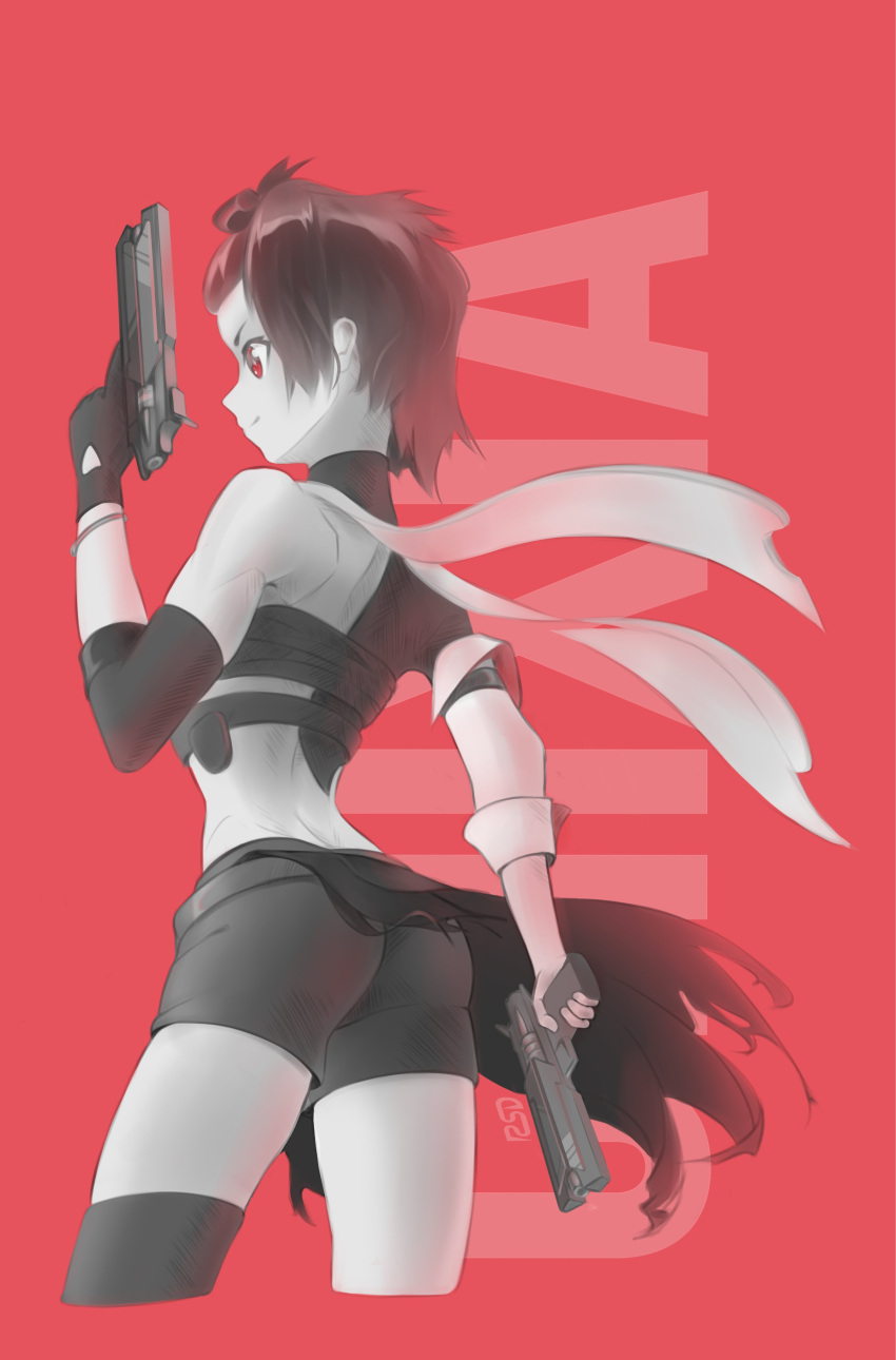 absurdres ass chixia_(wuthering_waves) coat cropped_legs dual_wielding female from_behind gloves gun handgun highres holding holding_gun holding_weapon looking_at_penis red_eyes simple_background single_glove single_thighhigh standing starflight tagme thighhighs weapon white_coat wuthering_waves