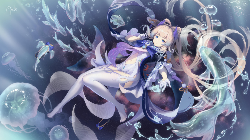 absurdres ancle_(aruncle) female fish genshin_impact gloves half_gloves highres jellyfish long_hair long_sleeves looking_at_viewer navel sangonomiya_kokomi shoes smile solo thighhighs underwater white_gloves zettai_ryouiki