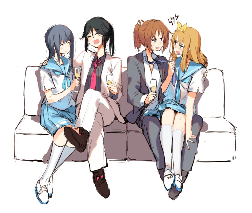 3d6eda 4girls :d ^_^ alcohol black_hair blonde_hair blue_neckerchief blue_sailor_collar blue_skirt blush bow brown_hair champagne champagne_flute closed_eyes couch cup drinking_glass hairbow hand_on_another's_shoulder hibike!_euphonium highres host kasaki_nozomi kitauji_high_school_uniform long_hair loose_necktie multiple_girls nakagawa_natsuki neckerchief necktie necktie_grab neckwear_grab open_mouth pant_suit pants pleated_skirt ponytail sailor_collar school_uniform serafuku shirt shoes short_sleeves simple_background sitting sitting_on_lap sitting_on_person skirt smile socks suit summer_uniform uwabaki white_background white_shirt white_socks yellow_bow yoroizuka_mizore yoshikawa_yuuko yuri