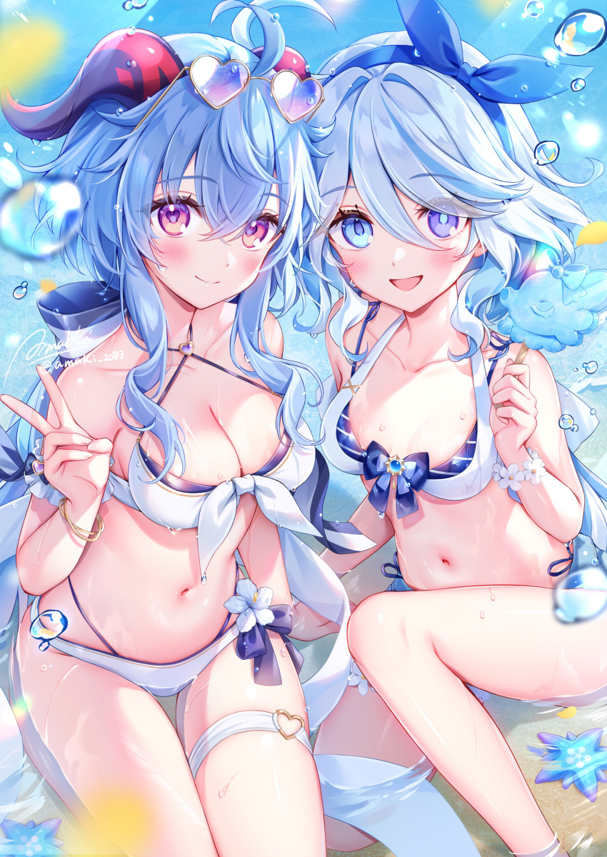 2girls absurdres amaki_ruto bikini blue_eyes blue_hair blue_hairband blush breasts cleavage closed_mouth collarbone commentary drop-shaped_pupils english_commentary eyewear_on_head food furina_(genshin_impact) ganyu_(genshin_impact) genshin_impact goat_horns hairband heart heart-shaped_eyewear heterochromia highres holding holding_food holding_ice_cream horns hydrokinesis ice_cream layered_bikini light_blue_hair long_hair looking_at_viewer lumitoile_(genshin_impact) medium_breasts mismatched_pupils multiple_girls navel ocean open_mouth partially_submerged purple_eyes sidelocks signature sitting smile stomach swimsuit symbol-shaped_pupils thigh_strap v water wavy_hair wet white_bikini