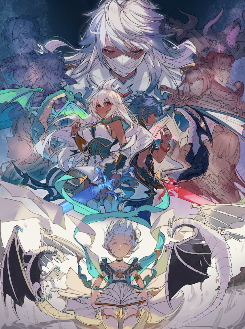 1boy 3girls blue_eyes blue_hair breasts character_request choker closed_eyes cosmos_(granblue_fantasy) covered_mouth dark-skinned_female dark-skinned_male dark_skin dragon dress geo_(granblue_fantasy) granblue_fantasy green_choker heterochromia highres holding holding_sword holding_weapon long_hair multiple_girls red_eyes sword visual1304 weapon white_hair yuni_(granblue_fantasy) zooey_(granblue_fantasy)